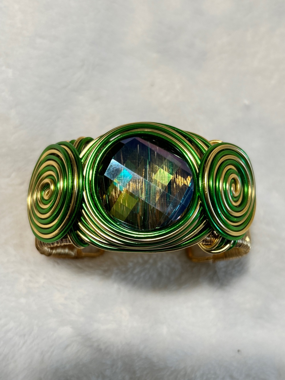 Bold Green Wire-Wrapped Crystal Statement Bracelet.
